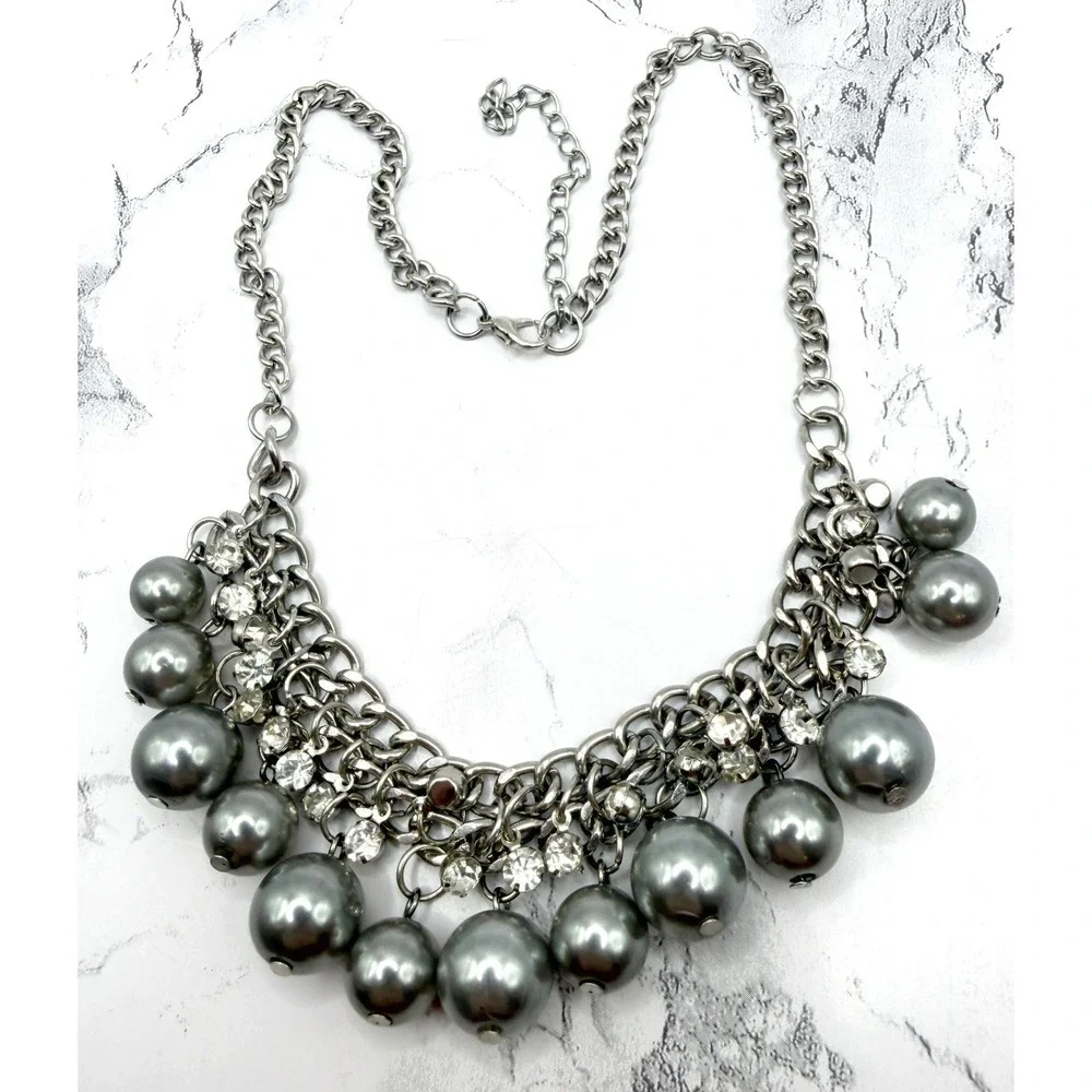 Silver‎ Gray Pearl Statement Necklace Rhinestone Chunky 16-19